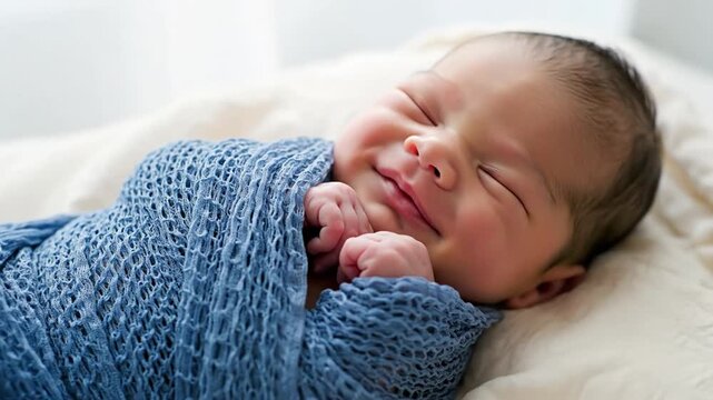 Peaceful newborn baby sleeping soundly swaddled in a soft blue blanket