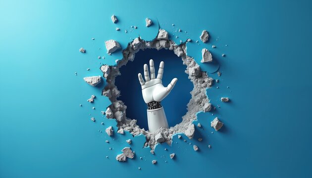 Robotic arm emerges from broken blue wall. Mechanical hand makes okay gesture signaling success. Concept for AI innovation automation progress and futuristic technology development.