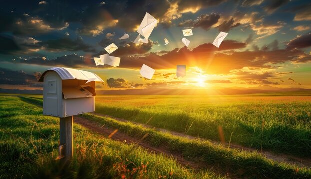 Mailbox empties flying letters; farmland background, sunny sky. Use delivery