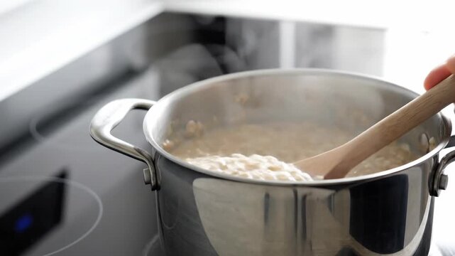 Lifting a spoonful of hot oatmeal from a steaming pot. Close-up of cooked porridge on a wooden spoon. Healthy breakfast preparation and nutrition concept