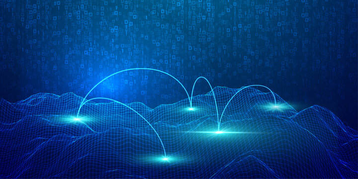 Digital data transfer across glowing network landscape, blue binary code background, abstract technology communication illustration