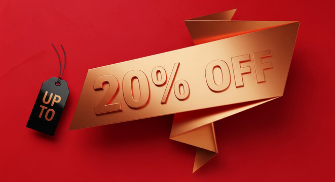 Graphic of golden 20% off sign on red background with a black tag. Representative of discounts, sales, and promotions. Free space