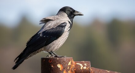 Obraz premium Elegant Hooded Crow Perched on Weathered Metal Structure.
