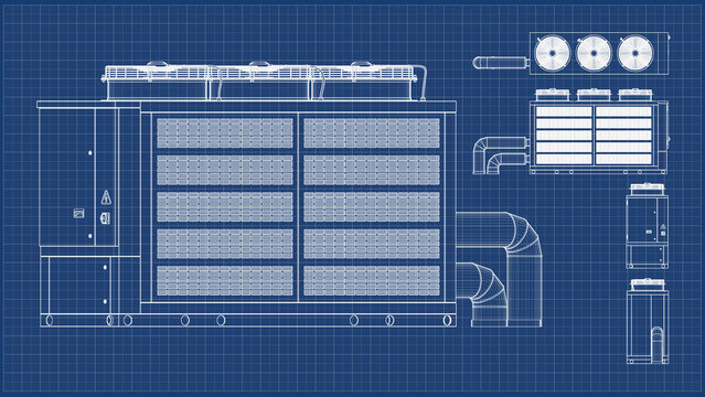 Chiller &ndash; engineering drawing of a rooftop HVAC unit, cooling tower. Includes front, side, and top. 3D Mesh, Sketch, Vector style or Drawing. 3D rendering isolated on blue background. 