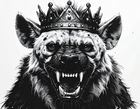 Aggressive hyena portrait wearing a regal crown.