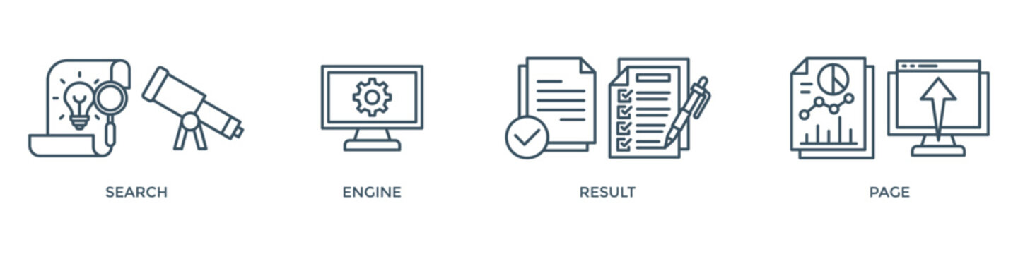 SERP banner web icon vector illustration concept for search engine result page with icon of web search, computer, search engine, mobile search, page result, and statistics graph