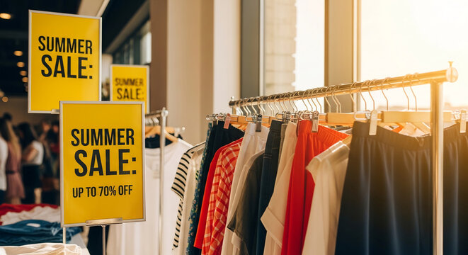 Rack with clothes in store, summer sale poster. Concept of season discount, offers. Shop with garments during clearance event