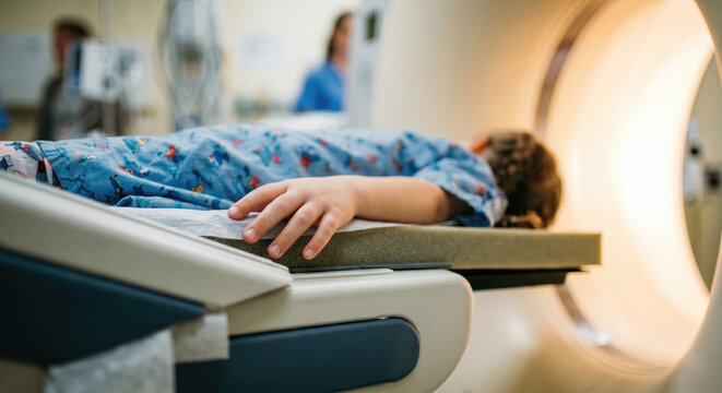 Child Entering a CT Scan Machine in a Hospital Setting, Representing Pediatric Healthcare, Cancer Diagnosis, Medical Technology, and the Importance of Early Detection.