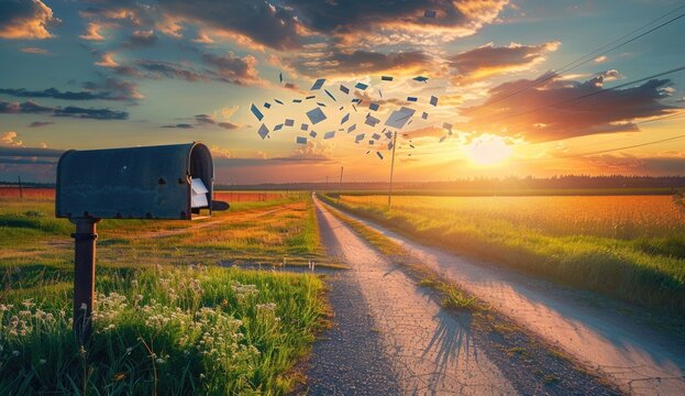 Mailbox releasing documents on rural road with sunset; concept correspondence