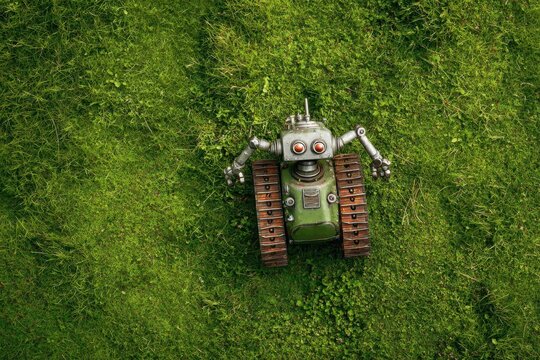 A small green and gray robot with treads pushes through lush green grass in a close-up overhead shot with natural lighting