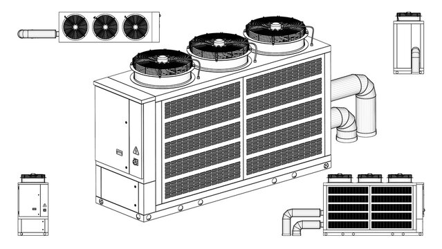 Chiller &ndash; engineering drawing of a rooftop HVAC unit, cooling tower. Includes front, side, and top. 3D Mesh, Sketch, Vector style or Drawing. 3D rendering isolated on white background. 