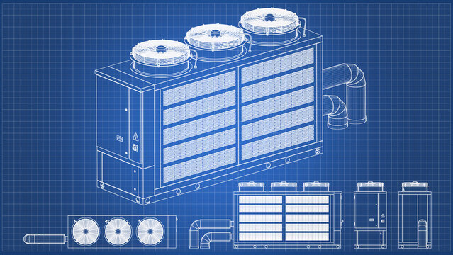 Chiller &ndash; engineering drawing of a rooftop HVAC unit, cooling tower. Orthographic view - side views, front and to. 3D Mesh, Sketch, Vector style or Drawing. 3D rendering isolated on white background. 