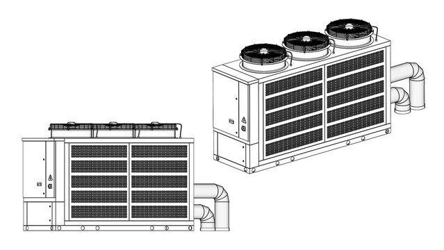 Chiller &ndash; engineering drawing of a rooftop HVAC unit, cooling tower. Orthographic view - side views, front and top 3D Mesh, Sketch, Vector style or Drawing. 3D rendering isolated on white background. 