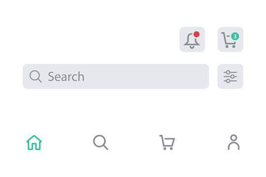 Mobile App Navigation and Search Bar UI Kit. Editable vector icons for e-commerce including shopping cart, notification bell, search input, filter settings, and bottom tab bar navigation elements.