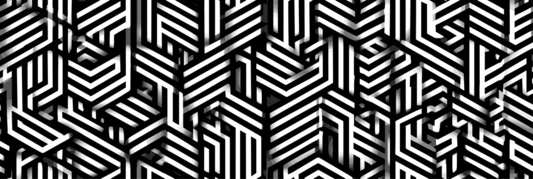 Abstract stripped pattern creating intricate three dimensional geometric shapes and optical illusion. Isometric black and white striped geometric pattern creating abstract maze