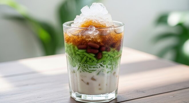 Es Cendol Indonesian Tradisional Drinks, A refreshing layered iced dessert drink with jelly, syrup, and milk served in a clear glass with a modern aesthetic