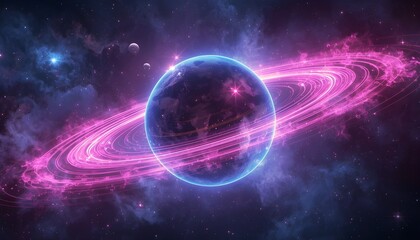 Obraz premium A vibrant digital illustration of a glowing blue planet surrounded by a swirling pink ring system in a starry purple galaxy
