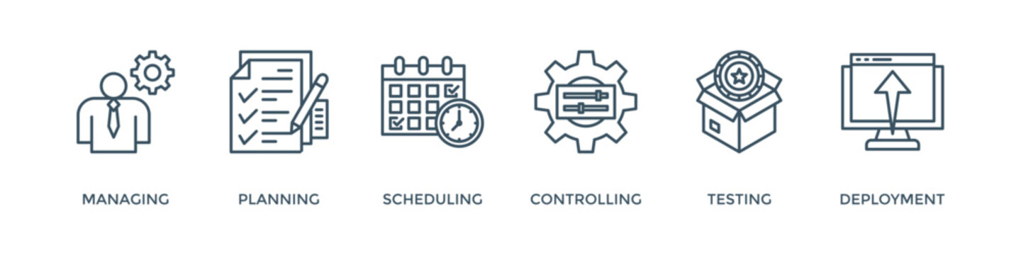 Release management banner web icon vector illustration concept with icon of managing, planning, scheduling, controlling, testing and deployment