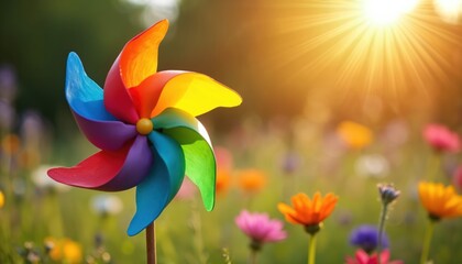 Naklejka premium Bright rainbow pinwheel spins in sunny meadow among wildflowers. Symbolizes childhood fun play happiness. Kids celebrate summer outdoor day. Joyful summer meadow background.