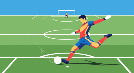 Obraz premium Soccer player kicking ball on green field illustration