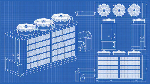 Cooling Tower and Chiller Assembly &ndash; HVAC Technical.. Orthographic view - side views, front and top. 3D Mesh, Sketch, Vector style or Drawing. 3D rendering isolated on blue background. 