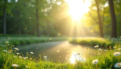 Fototapeta premium Sunlight streams through green trees onto a calm pond. White flowers grow in rich grass beside the water. Gentle light reflects on the tranquil lake surface, creating a peaceful outdoor scene.