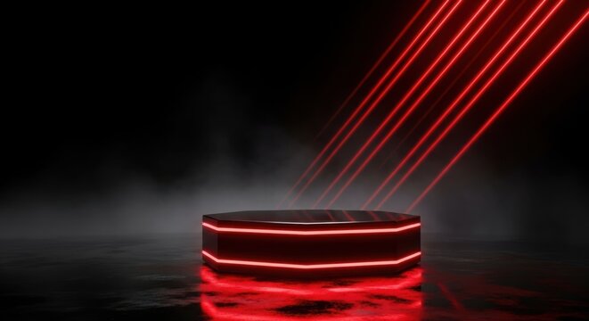 Futuristic dark stage with hexagonal red neon podium and laser beams for gaming or technology display