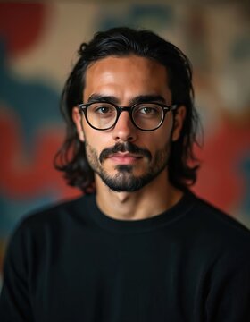 Serious man wearing black crewneck and glasses. Bearded guy with dark hair poses in studio. Casual male model looks directly at camera with calm expression. He is young.