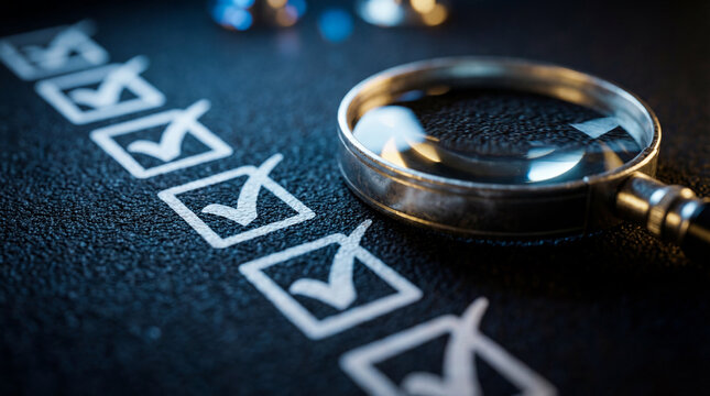 Magnifying glass over checklist with checkmarks, close-up