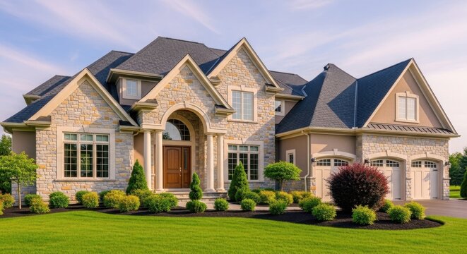 Modern luxury residential house featuring stone architecture and green landscaping in a bright suburban neighborhood setting perfect for real estate and corporate property investment concepts