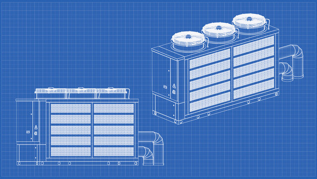 Chiller &ndash; drawing. HVAC unit, cooling tower. 3D Mesh, Sketch, Vector style or Drawing. 3D rendering isolated on blue background. 