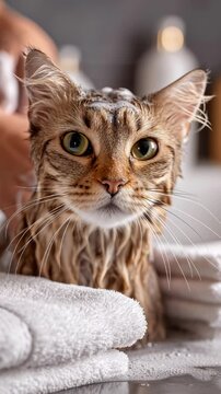 Close-up portrait of a wet domestic cat after a bath indoors.
