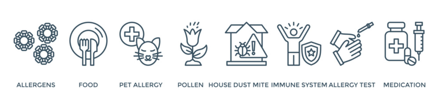 Allergy banner web icon vector illustration concept with icon of allergens, food, pet allergy, pollen, house dust mite, immune system, allergy test and medication