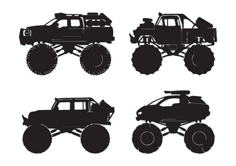 Monster truck silhouette collection, set of 4 off-road vehicle vectors, heavy duty 4x4 big rig trucks with oversized tires for extreme racing graphics © Madaheen