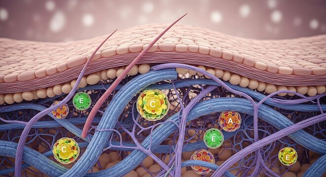 Detailed Skin Layer Anatomy Depiction with Microscopic Elements.