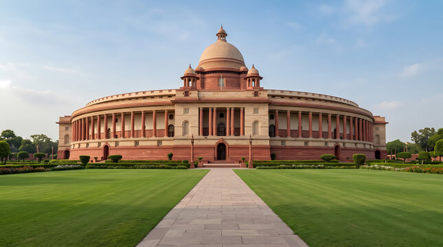 Rashtrapati Bhavan Presidential Palace in New Delhi India, Grand Government Architecture with Sandstone Dome and Green Lawn Garden