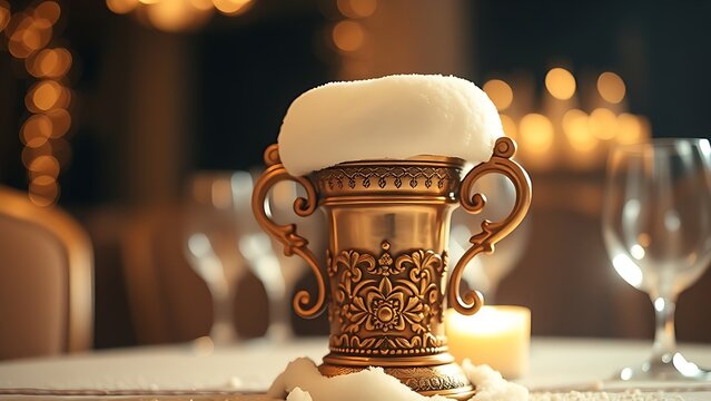 A single ornate ceremonial metal flagon on a table, foam clinging to its rim.
