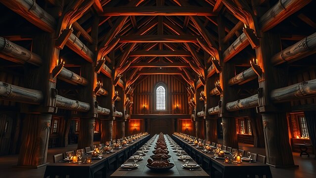 Interior of a Viking longhouse with carved pillars and a table set for a feast.