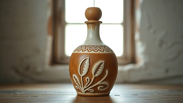 A rustic ceramic flagon with relief patterns and a wooden stopper in soft light.