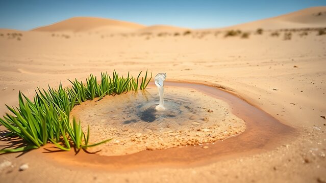 A desert artesian spring creating a pool surrounded by green reeds.