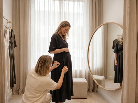 Pregnant customer in a premium maternity fashion rental fitting room