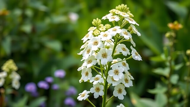 Tall lovage plants with umbrella-shaped flowers in summer garden, botanical style.