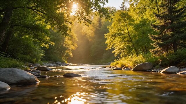 Sunlit forest stream with rocks