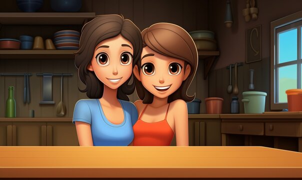Two cartoon women smiling together in a cozy kitchen with wooden accents