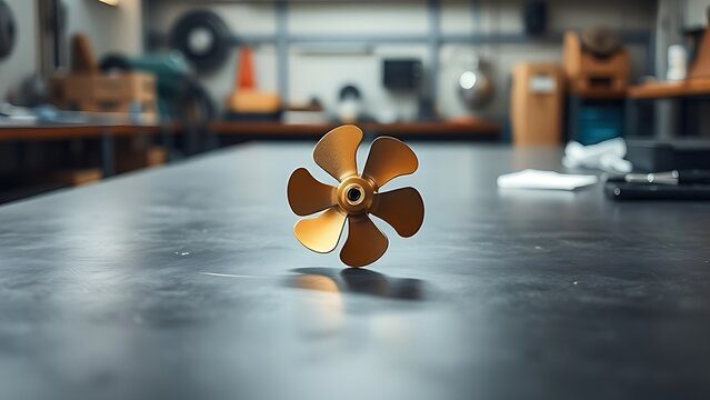 A single bronze impeller component isolated on a dark workshop table.