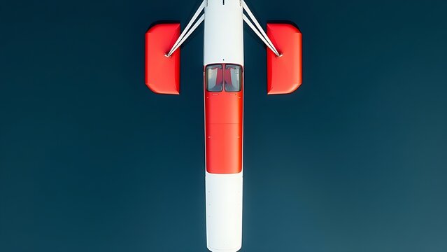 Top-down view of a floatplane's wing and red floats on calm water.