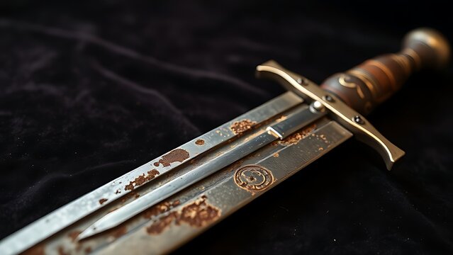 Ancient rust-pitted Roman gladius displayed on dark velvet, extreme close-up on the blade.
