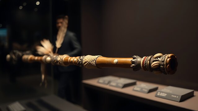 An ornate ceremonial blowpipe displayed in a museum case.
