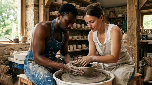Man and woman form a clay pot on a pottery wheel in a rustic workshop filled with natural light