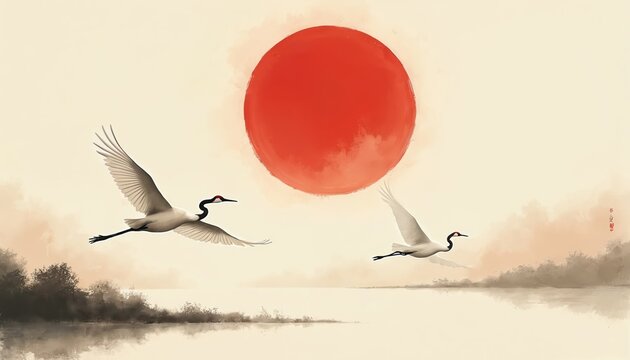Two elegant white cranes fly gracefully under a large red sun over calm water with trees. Japanese art style evokes peace and tradition. Minimalist composition.